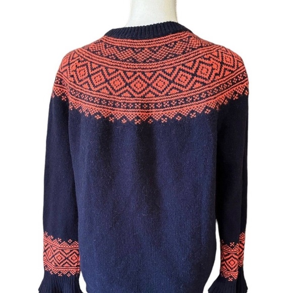 J. Crew Navy Blue Fair Isle Merino Wool Blend Ruffle Sleeve Knit Sweater Sz Med - Picture 3 of 6